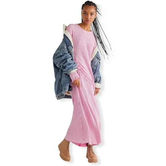Free People Pink Ribbed Maxi Dress with Side Tie Ruching - Picture 3 of 8